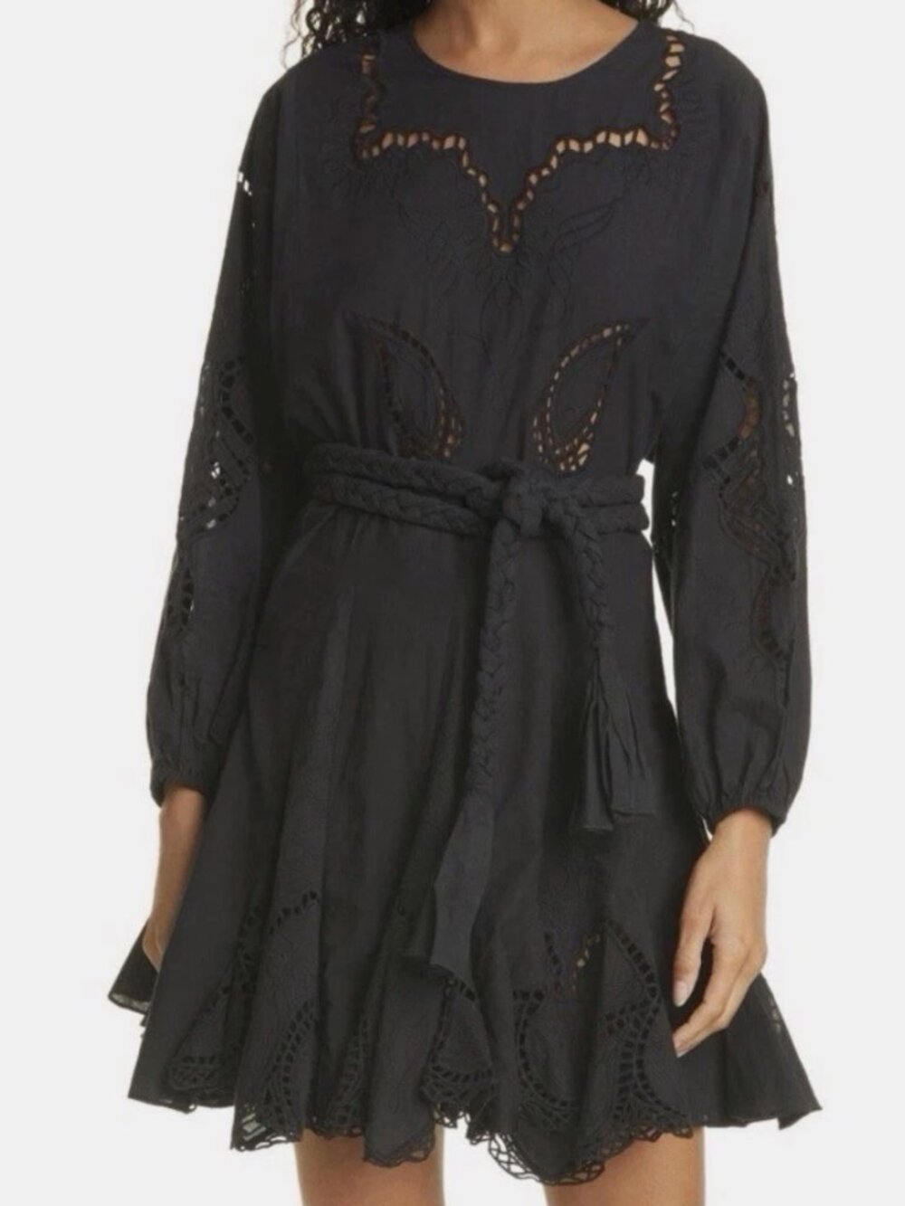 Rhode Ella Long Sleeve Eyelet Cotton Dress Black LARGE Cutout Rope NO BELT